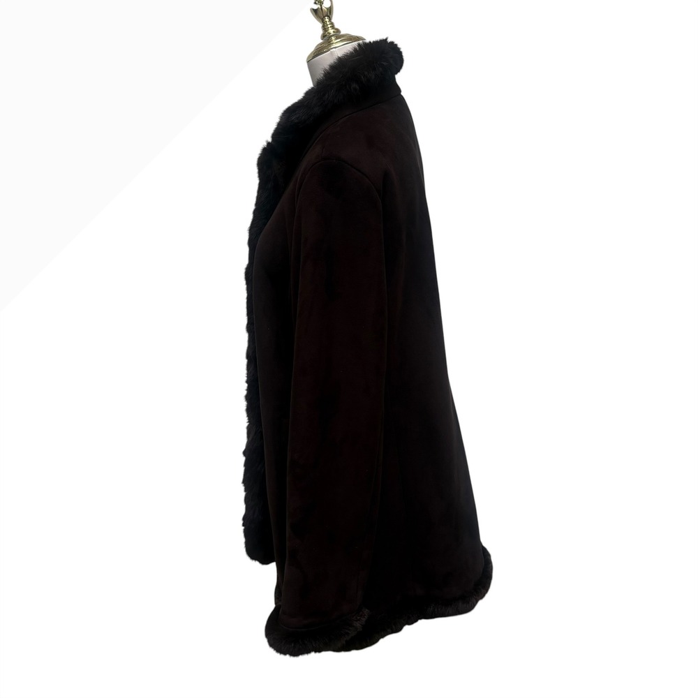 Dana Buchman Faux Suede Coat L Brown Genuine Fur Trim Winter Jacket Luxe Elegant - Picture 6 of 15